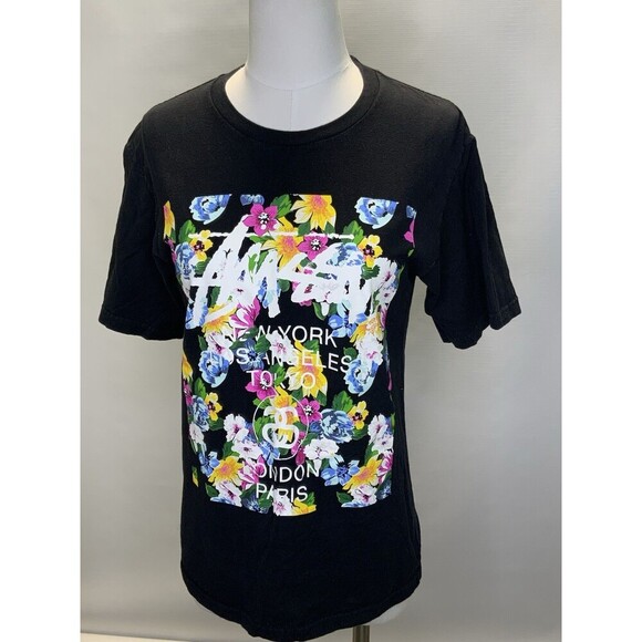 Stussy World Tour Floral Black  Women’s S Tee Flowers T-shirt Crew Streetwear - Picture 1 of 7